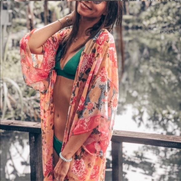 Floral Boho Long Kimono Duster Coverup Robe - Picture 6 of 9